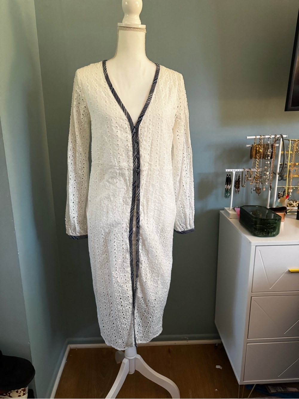 NWT LUCCA white eyelet caftan swim cover up plaid trim SMALL